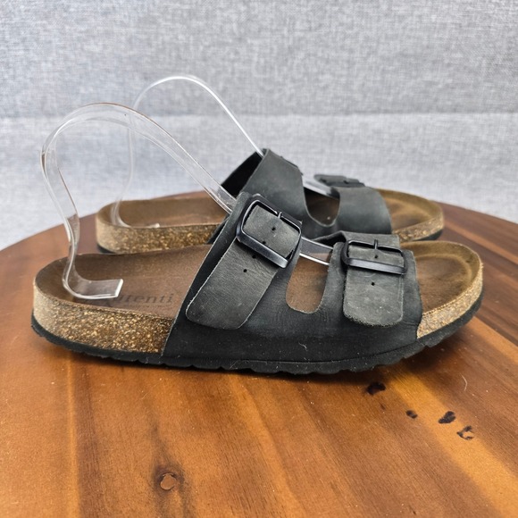 Aurenti Genuine Leather Black Double Strap Buckle Cork Footbed SlideSandals SZ11 - Picture 1 of 14
